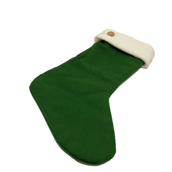 Christmas Holiday 17" Green Wool Blend Hanging Stocking White Trim and Button - Picture 1 of 9